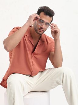 SHOWOFF - Men Rust Cuban Collar Solid Relaxed Fit Shirt