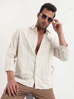 SHOWOFF - Men Cream Striped Slim Fit Shirt
