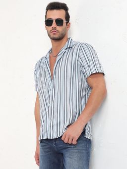 SHOWOFF - Men Blue Cuban Collar Striped Relaxed Fit Shirt