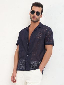 SHOWOFF - Edition Men Navy Blue Cuban Collar Textured Relaxed Fit Crochet Shirt