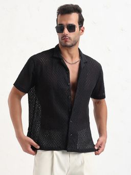 SHOWOFF - Edition Men Black Cuban Collar Textured Relaxed Fit Crochet Shirt