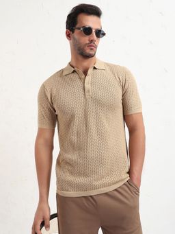 SHOWOFFFF - Men Beige Textured Polo T-Shirt