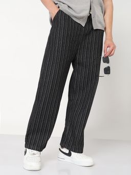 SHOWOFF - Mens Black Striped Straight Fit Drawstring Jeans