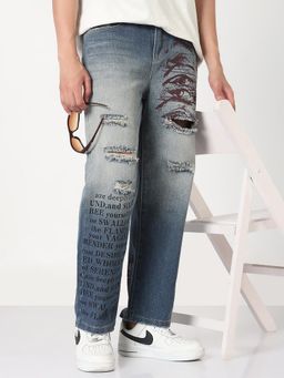 SHOWOFFFF - Mens Blue Typography Print Straight Fit Jeans