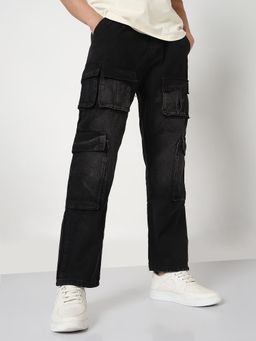 SHOWOFF - Mens Black Straight Fit Cargo Pocket Jeans