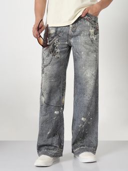 SHOWOFF - Mens Grey Graphic Print Wide Leg Jeans