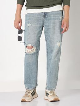 SHOWOFFFF - Mens Blue Washed Distressed Straight Fit Jeans