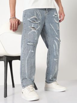 SHOWOFFFF - Mens Blue Distressed Straight Fit Jeans