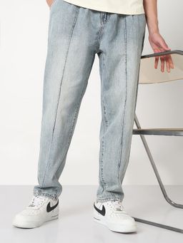 SHOWOFFFF - Mens Blue Washed Tapered Fit Pintuck Jeans