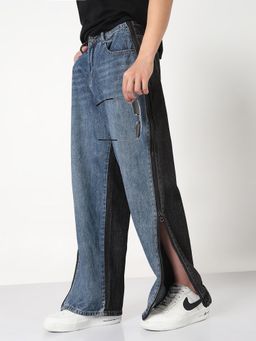 SHOWOFF - Mens Blue and Black Colorblock Side Zip Jeans