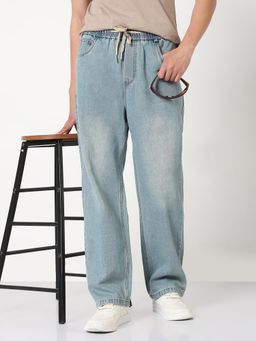 SHOWOFF - Mens Blue Washed Straight Fit Drawstring Jeans