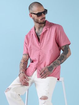 SHOWOFF - Men Pink Cotton Embroidered Shirt