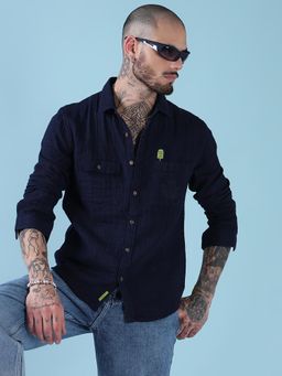 SHOWOFF - Men Navy Blue Cotton Solid Shirt