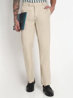 SHOWOFF - Men Cream Rayon Solid Slim Fit Trouser