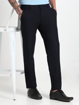 SHOWOFF - Men Navy Blue Cotton Solid Slim Fit Trouser