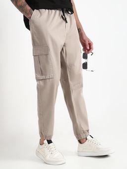 SHOWOFF - Men Cream Cotton Solid Regular Fit Joggers