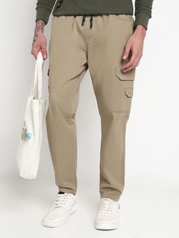 SHOWOFF - Men Khaki Cotton Solid Regular Fit Joggers