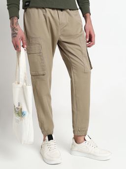 SHOWOFF - Men Khaki Cotton Solid Regular Fit Joggers