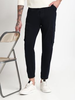 SHOWOFF - Men Navy Blue Cotton Solid Regular Fit Joggers