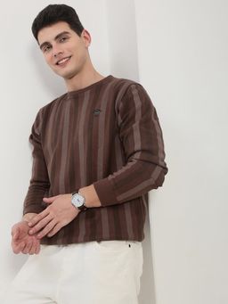 SHOWOFF - Men'S Brown Striped Round Neck Sweatshirt