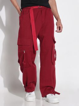 SHOWOFF - Edition Men's Red Solid Straight Fit Cargo Jeans with Belt