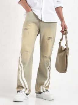 SHOWOFF - Edition Men's Beige Distressed Solid Straight Fit Jeans