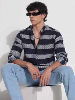 SHOWOFF - Mens Navy Blue Printed Mandarin Collar Shirt