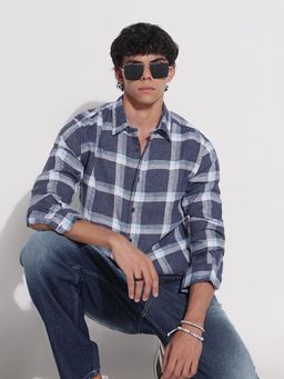 SHOWOFF - Mens Navy Blue Checked Full Sleeves Shirt