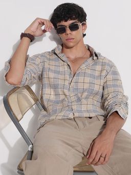 SHOWOFFFF - Mens Beige Cotton Checked Full Sleeves Shirt