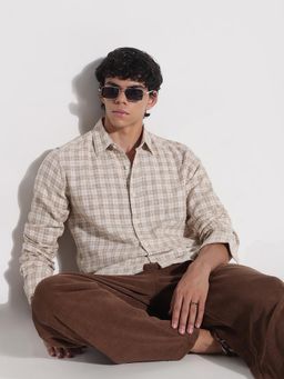 SHOWOFF - Mens Beige Cotton Checked Full Sleeves Shirt