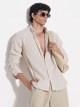 SHOWOFFFF - Mens Beige Striped Full Sleeves Shirt