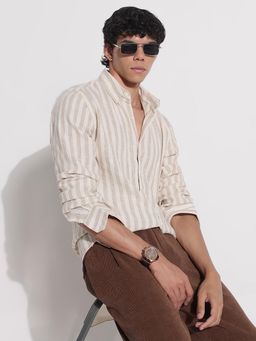 SHOWOFF - Mens Beige Cotton Striped Full Sleeves Shirt