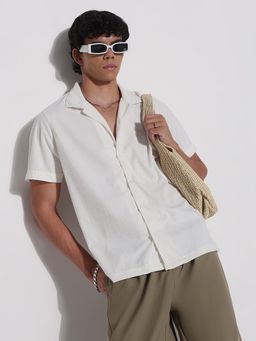 SHOWOFF - Mens White Textured Collar Relaxed Fit Shirt