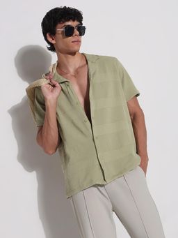 SHOWOFF - Mens Edition Green Textured Collar Relaxed Fit Shirt
