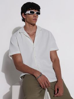 SHOWOFFFF - Mens White Textured Collar Relaxed Fit Shirt