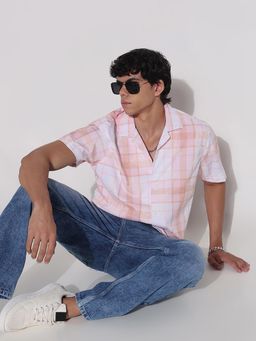 SHOWOFFFF - Mens Peach Checked Collar Relaxed Fit Shirt