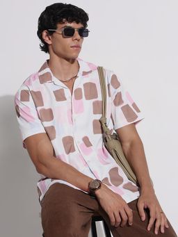 SHOWOFF - Mens White and Brown Printed Collar Relaxed Fit Shirt