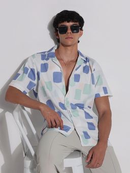 SHOWOFF - Mens White and Blue Printed Collar Relaxed Fit Shirt