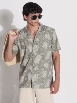 SHOWOFF - Mens Olive Printed Collar Relaxed Fit Shirt