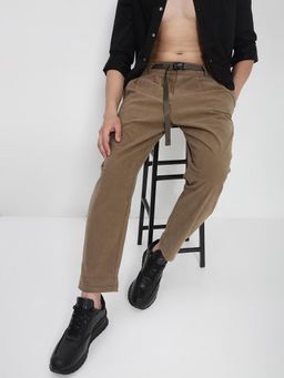 SHOWOFF - Edition Mens Brown Solid Straight Fit Casual Trouser with Adjustable Belt