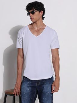 SHOWOFFFF - Men White Solid V-Neck Cotton T-Shirt