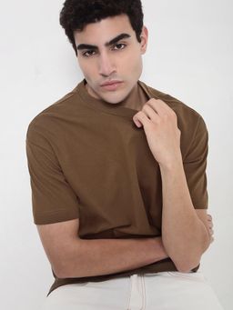 SHOWOFFFF - Men Brown Solid Round Neck Cotton T-Shirt
