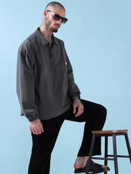 SHOWOFF - Edition Men's Spread Collar Grey Solid Half Zipper Jacket