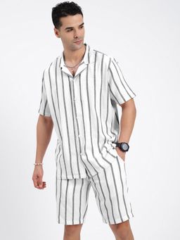 SHOWOFF - White Striped Cuban Collar Relaxed Fit Co-Ord (Set of 2)