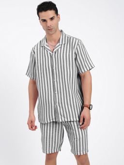 SHOWOFF - Grey and White Striped Textured Relaxed Fit Co-Ord (Set of 2)