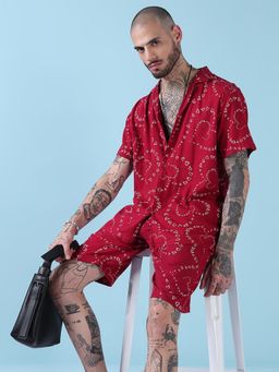 SHOWOFF - Edition Red Printed Cuban Collar Relaxed Fit Co Ords Set (Set of 2)