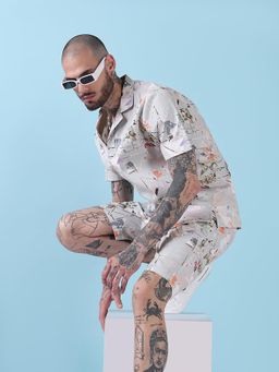 SHOWOFF - Edition Grey Printed Cuban Collar Relaxed Fit Co Ords Set (Set of 2)