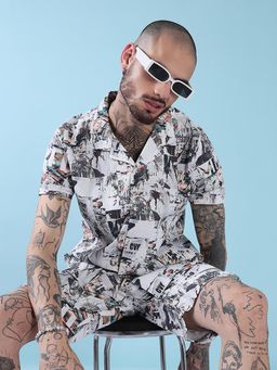 SHOWOFF - Edition White Printed Cuban Collar Relaxed Fit Co Ords Set (Set of 2)