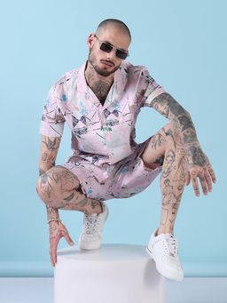 SHOWOFF - Edition Pink Printed Cuban Collar Relaxed Fit Co Ords Set (Set of 2)