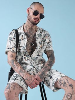SHOWOFF - Edition Off White Printed Cuban Collar Relaxed Fit Co Ords Set (Set of 2)